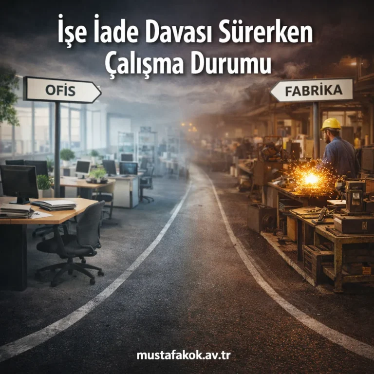 Bir Yanda Ofis Diğer Yanda Fabrika Ortamını Gösteren, Işe Iade Davası Sürecinde Çalışma Durumunu Anlatan Görsel